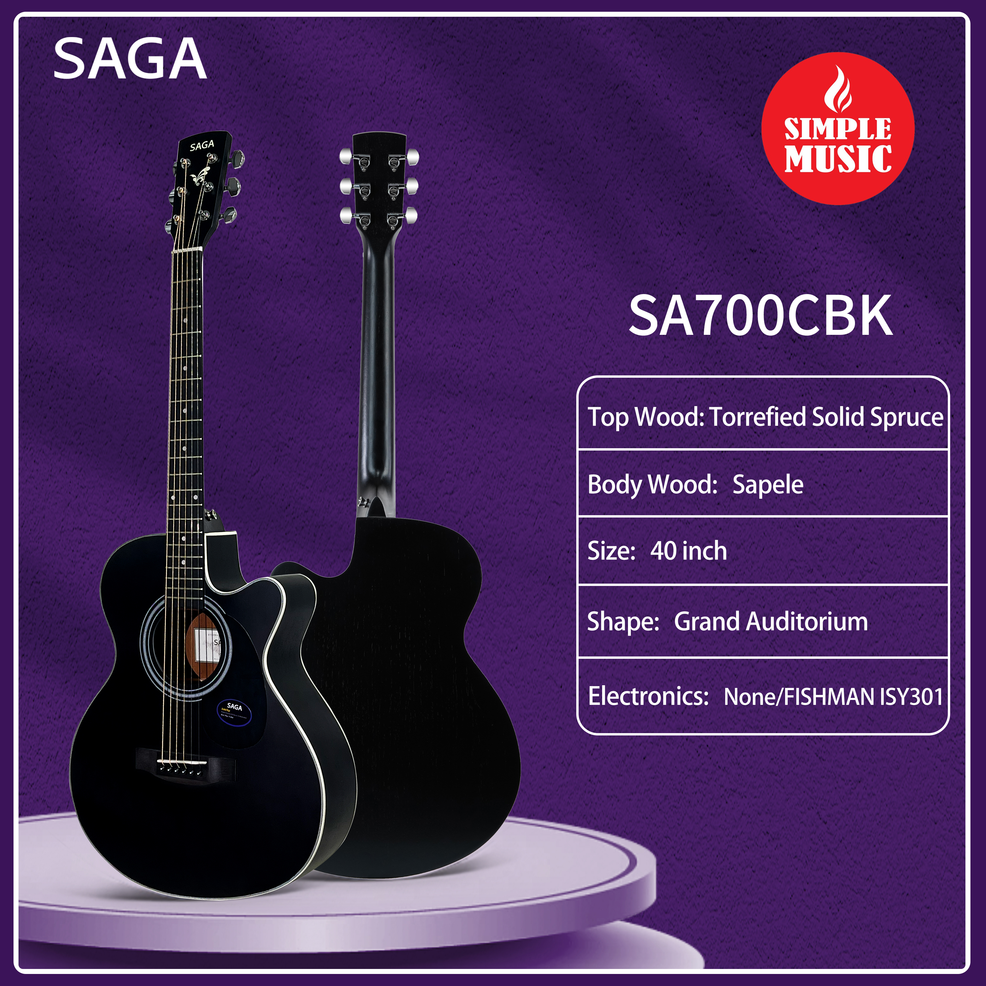 SAGA SA-700CBK 40 Cutaway Grand Auditorium Black Acoustic Guitar(Solid Top)